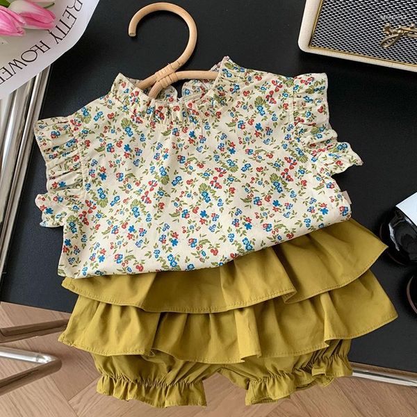 Kleidung Sets Sommer Baby Mädchen Set Ärmelloses Baumwolle Bedrucktes Hemd Einfarbige Shorts Europäisch Amerikanischer Stil Kinderkleidung Anzug