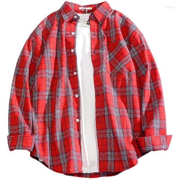 Camisas casuais masculinas camisa oversize homens outono primavera retro roupas xadrez com manga botão up streetwear venda guangzhou 2023