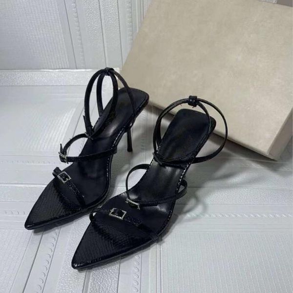 Mode Sexy Damen Sandalen Pumps JERRY 85 mm Italien Beliebt Schwarzes Leder Spitzschuh Doppelter Knöchel Clare Sling Button Design Hochzeit Party High Heels Sandal Box EU 34-40