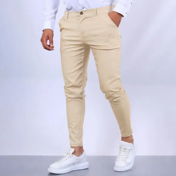 Calças masculinas cor sólida elegante fino ajuste lápis respirável estilo de negócios calças com tecido macio bolsos convenientes