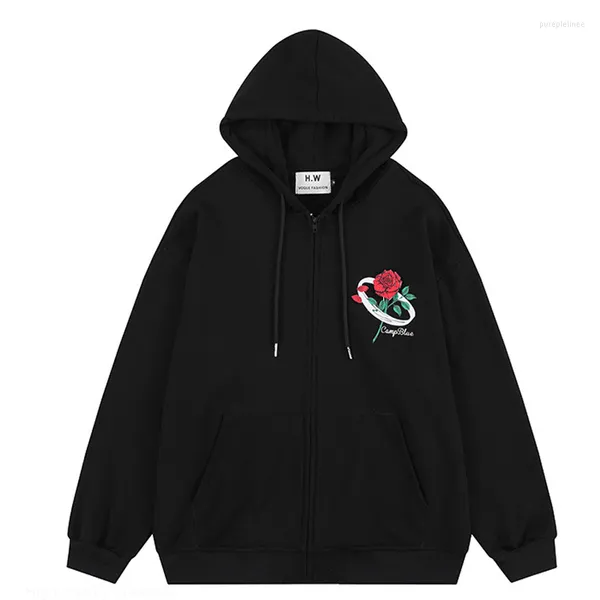 Felpe con cappuccio da uomo Donna Zip Up Autunno Inverno Goth Punk Pocket Rose Stampa Giacche a maniche lunghe Donna Harajuku Felpe con cappuccio oversize