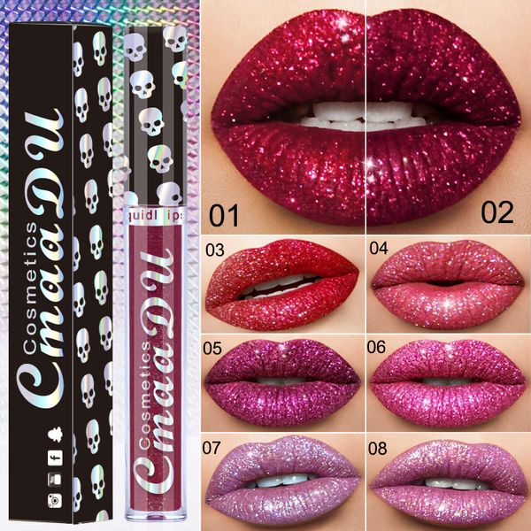 CmaaDu Cosmetics Laser Skull Glitter Flip Lipgloss Металлический блеск для губ Сияющий 8 цветов Водостойкая долговечная металлическая помада