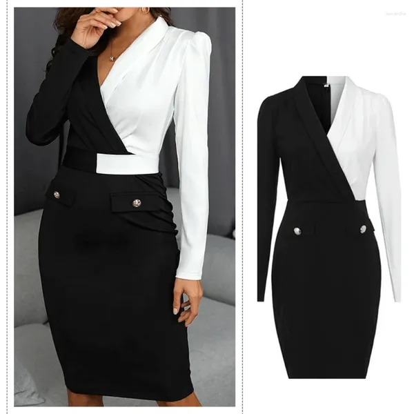 Повседневные платья Модное женское тонкое платье-карандаш 2023 с длинным рукавом Черно-белое лоскутное эластичное облегающее женское вечернее офисное платье