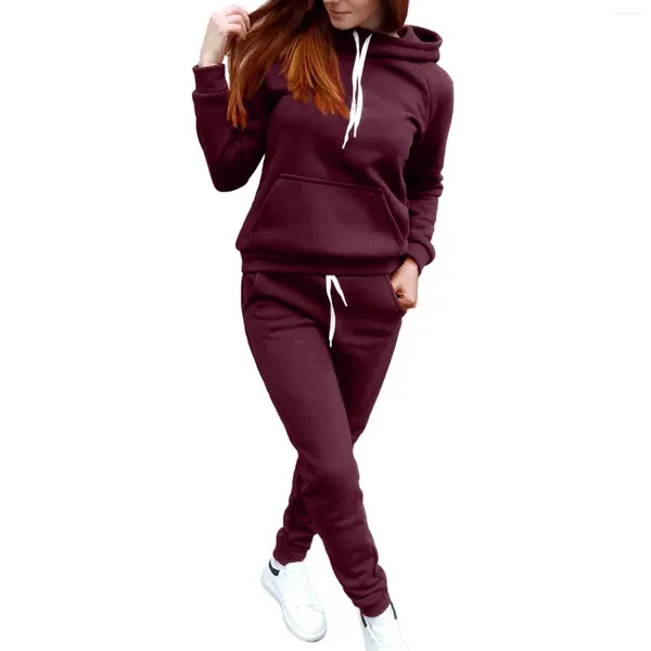 Calças de duas peças femininas conjuntos de roupas de cor sólida velo moletom com capuz terno esportivo feminino treino streetwear