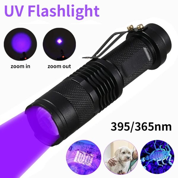 Mini torcia LED UV luci luce nera ultravioletta portatile 395nm 3 modalità torcia zoomabile macchie di urina di animali domestici lampada rilevatore di scorpione