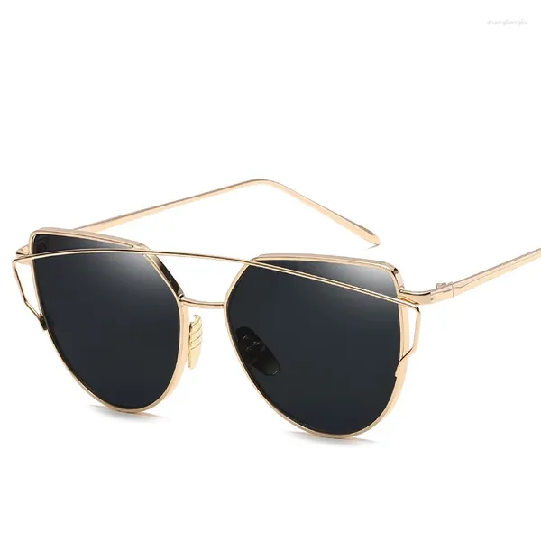 Óculos de sol 2023 gato olho vintage marca designer rosa espelho de ouro para mulheres metal reflexivo lente plana óculos de sol feminino oculos