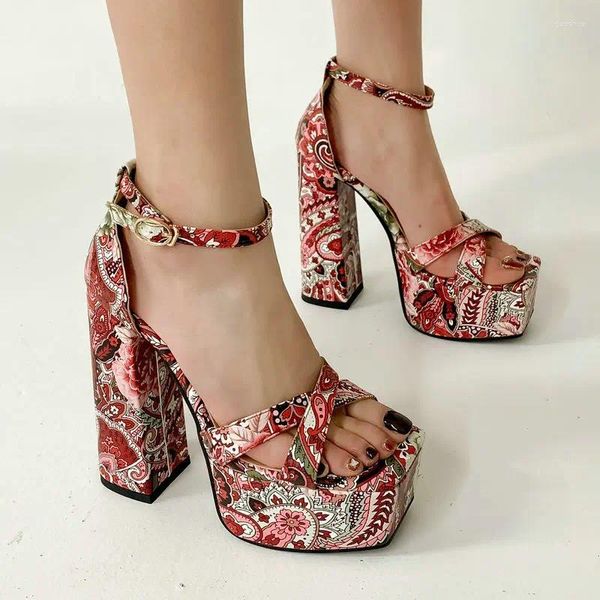 Sandálias Boêmio Étnico Paisley Floral Impressão Verificado Xadrez Mulheres Sapatos de Verão Aberto Toe Bloco Plataforma de Salto Alto Plus Size 43