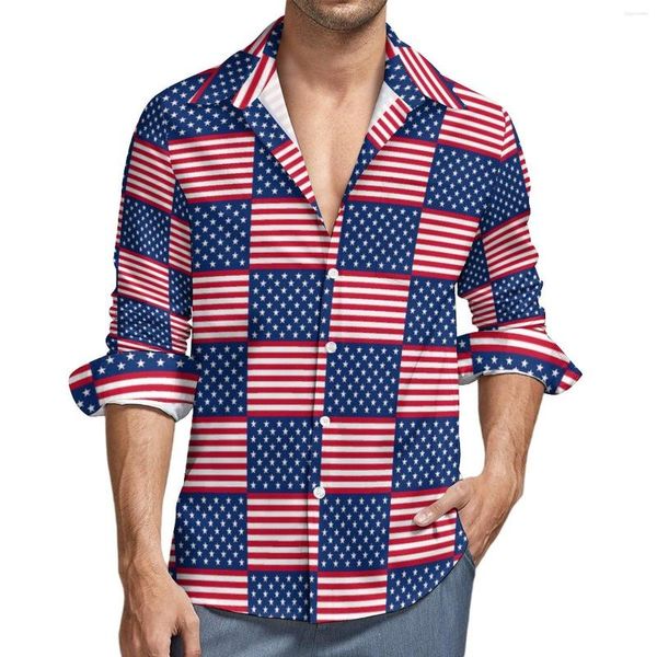 Camisas casuais masculinas Camisa de bandeira dos EUA Autumn American National Day Men Bloups Bloups Padrão de manga comprida Roupas engraçadas Tamanho grande