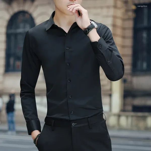 Camisas casuais masculinas verão turn-down colarinho manga longa fino encaixe não engomar cor sólida formal camiseta terno negócios moda topos