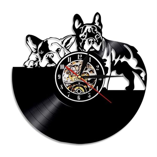 Französische Bulldogge Vinyl-Schallplatten-Wanduhr, modernes Design, Tier, Tierhandlung, Dekor, Welpe, Relogio De Parede, Liebhaber-Geschenk 210913277c