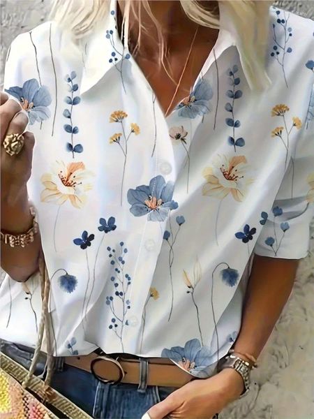 Kadın bluzları rahat beyaz çiçek baskısı gömlekleri kadın düğmesi yaka hırka üst yaz gevşek kısa kollu gömlek ofisi blusas mujer