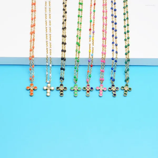 Collane con ciondolo Collana con croce religiosa in zirconi per donna Goccia d'olio Catena in acciaio inossidabile placcato oro Uomo Gioielli Boho Regali