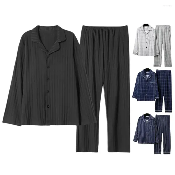 Herren-Nachtwäsche, gemütlicher Polyester-Pyjama, stilvolles Herbst-Winter-Pyjama-Set, gestreift, kariert, farblich abgestimmt, Revers, einreihig, langärmlig