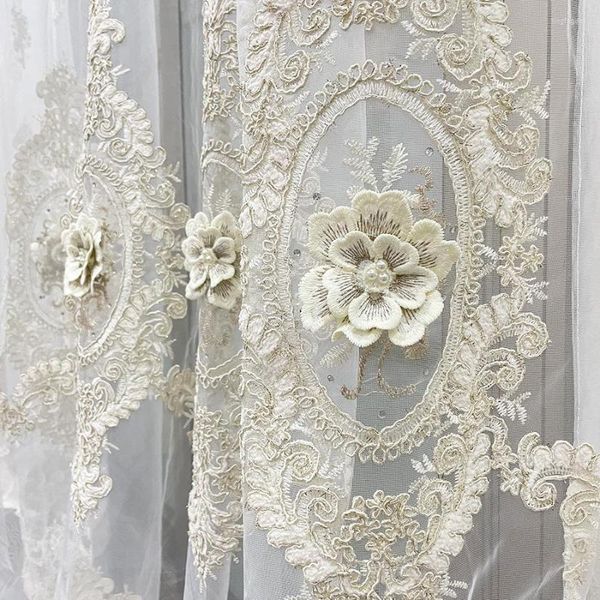 Cortina linda fios de ouro bordados tule fio floral cortinas de tecido de alta qualidade para sala de estar de luxo e decoração de casa de quarto