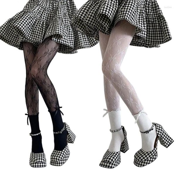 Mulheres meias japonesas rendas retalhos arrastão meia-calça plissado bowknot tornozelo meia-calça