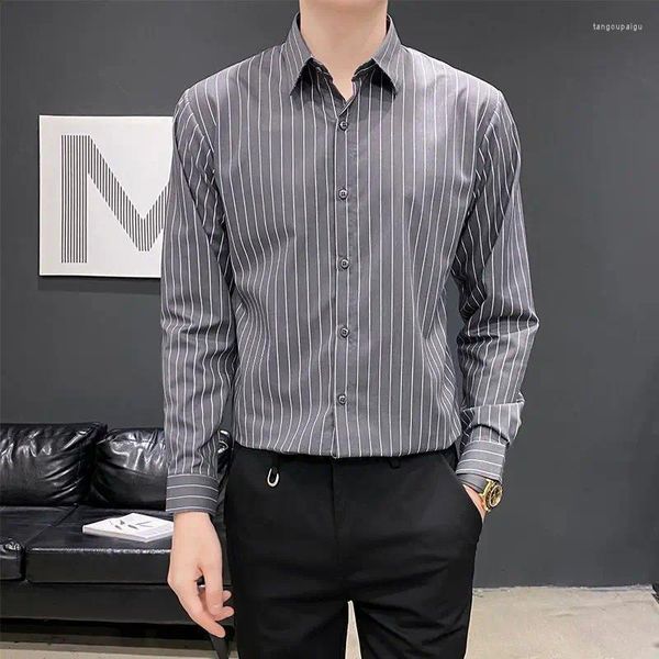 Camicie casual da uomo Autunno Inverno Uomo a maniche lunghe a righe Coreano Carriera Slim Stampa Risvolto Bottone Business Versatile Elasticità Top