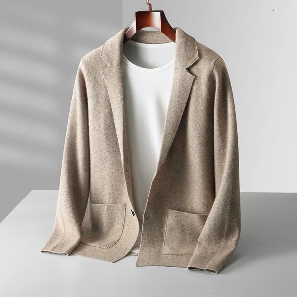 Suéteres masculinos Cashmere cardigan masculino lapela suéter casual negócios manga comprida malha 100 lã pura 2023 casaco cor sólida 231123