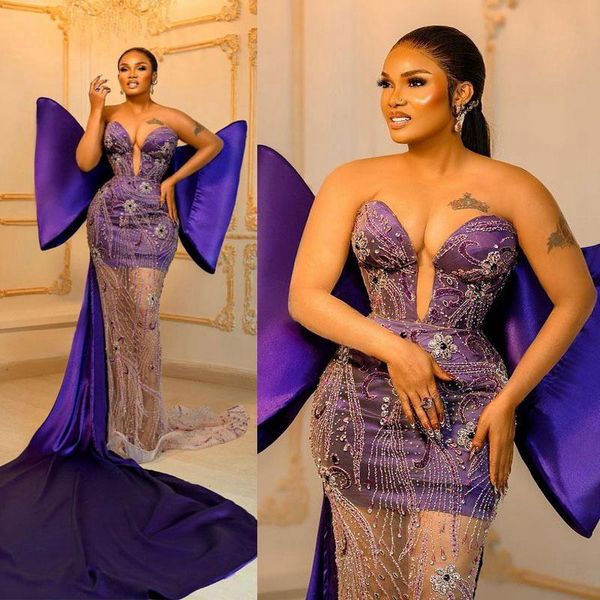 2023 Aso Ebi Roxo Vestidos de Baile Profundo Decote Em V Ver Através de Renda Tule Noite Festa de Aniversário Segunda Recepção Africano Árabe Vestido Formal com Arco Vestidos de Noivado ST252