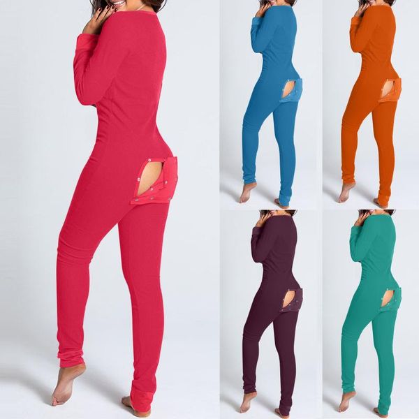 Damen Jumpsuits Strampler Sexy Frauen Onesies Mono De Mujer Barboteuse Funktionell Geknöpfte Klappe Erwachsene Pyjama Club Knopf Design Plunge Lo