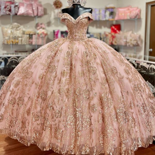 Rosa princesa roxo quinceanera vestidos fora do ombro vestido de baile 2024 doce 16 vestido contas apliques ouro rendas 15th vestido festa