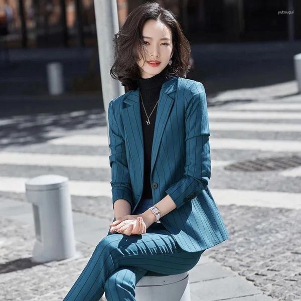 Frauen Zweiteilige Hosen Mode Grün Gestreiften Herbst Anzug 2 stücke Blazer Hose Sets Business Büro Dame Tragen Formale conjuntos de pantalones