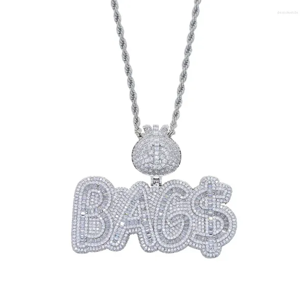 Ожерелья с подвесками Iced Out, блестящие буквы, сумка, ожерелье, прямоугольник, CZ 5A, циркон, знак денег, знак доллара, Шарм, мужские и женские украшения в стиле хип-хоп