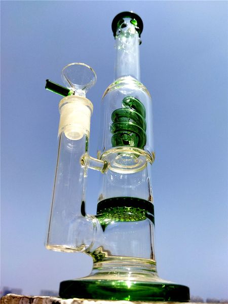 Green Tube Bong Spiral Helix Honeycomb Perc Glass Bong Recycler Dab Rig Fumare Narghilè con portaghiaccio 14mm Joint Bowl Bong in vetro per acqua