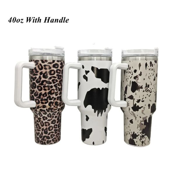 Copos de aço inoxidável de 40 onças com tampas e palha chita animal estampa de vaca leopardo preservação de calor canecas de carro de viagem garrafas de água de grande capacidade com logotipo 124