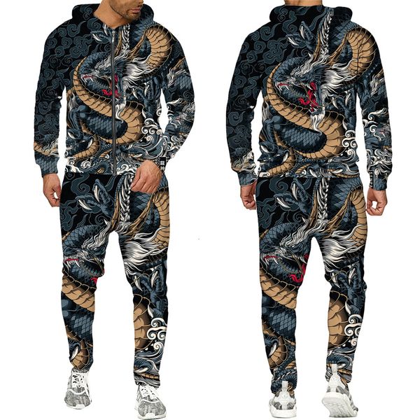 Мужские спортивные костюмы Осень 3D Восточный драконский бог, печатный мужской капюшон, набор для мужской самурайской татуировки на молнии 3D -трек одежда мужская одежда 230424