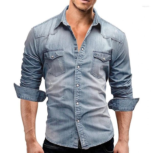 Camisas casuais masculinas Mens Button Down Denim Camisa Manga Longa Lapela Jean Slim Fit Lavado com Bolsos no Peito