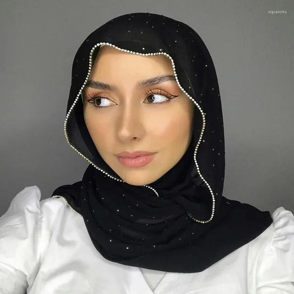 Ethnische Kleidung Perlenblase Chiffon Diamant Strass Schal Schal Hochwertige schimmernde Perlen Stirnband Wrap Foulard Muslim Hijab