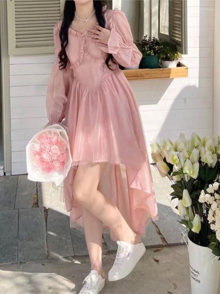 Casual Kleider 2023 Frühling Frauen Sweet Pink Fairy A-Linie Kleid Weiblich Langarm Rüschen Quadrat Kragen Unregelmäßige Prinzessin Netter Abschlussball