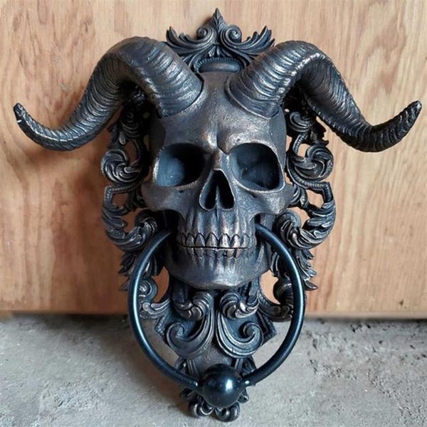 Testa di scheletro Battente per porta Decor Resina con testa di capra Figura Appendiabiti Resina 3D Punk Satana Teschio Testa di pecora Statua Ciondolo da parete Artigianato 22926