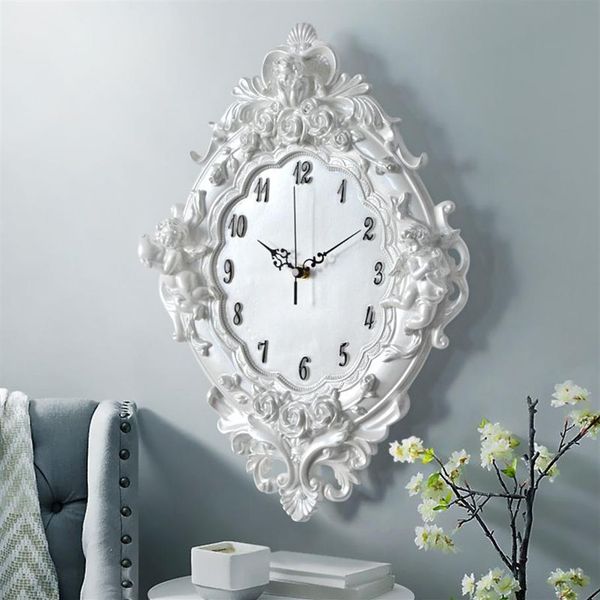 Anjo europeu relógio de parede resina rosa flor e relógios clássico para o estilo sala estar quarto mudo cupido resina anjo relógio gift343j