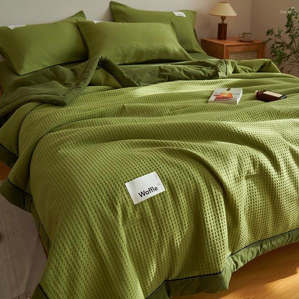 Bettwäsche-Sets, Waffel-Baumwolle, japanischer einfacher Stil, mit Karomuster, hautfreundlich, atmungsaktiv, 1 Bettlaken, Sommersteppdecke, 2 Kissenbezüge