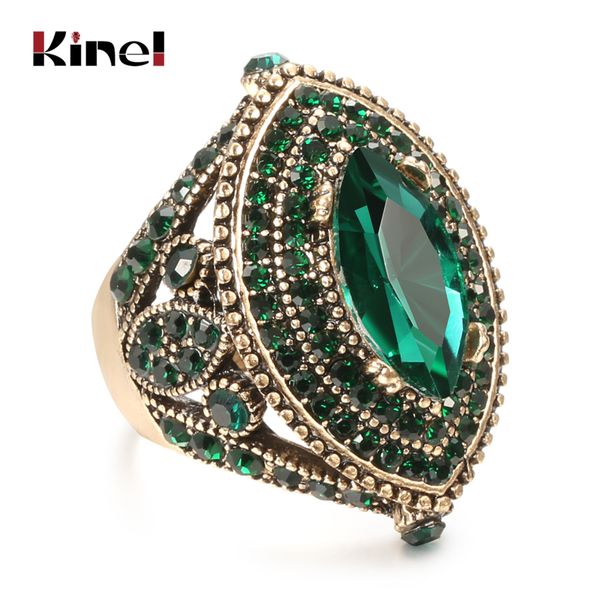 Anéis de cluster Kinel Luxo Antigo Anel para Mulheres Vintage Look AAA Cristal Verde Boho Jóias Cor de Ouro Charme Anel de Casamento Étnico 230424