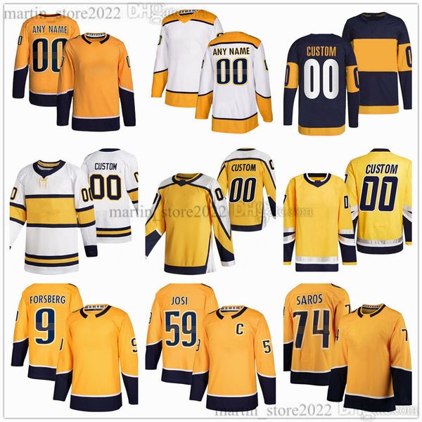 Maglie da hockey cucite 59 Roman Josi 90 Ryan O'Reilly 9 Filip Forsberg 74 Juuse Saros 82 Novak 8 Cody Glass 75 Juuso Parssinen 44 Kiefer Sherwood 3 Jeremy Lauzon