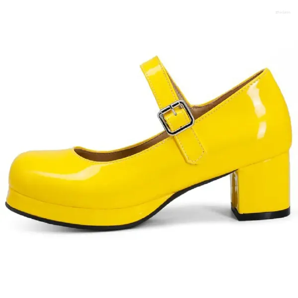Sapatos de vestido QPLYXCO patente couro amarelo verde laranja plataforma grossa saltos médios fivela cinta meninas mulheres lolita mary janes bombas
