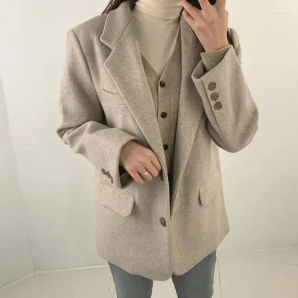 Damenanzüge, koreanischer Stil, schicke Damen-Herbst- und Winteranzugjacke, High-End-Mode, Retro-Stil mit zwei Schnallen, lässiges Allgleiches-Wollblazeroberteil