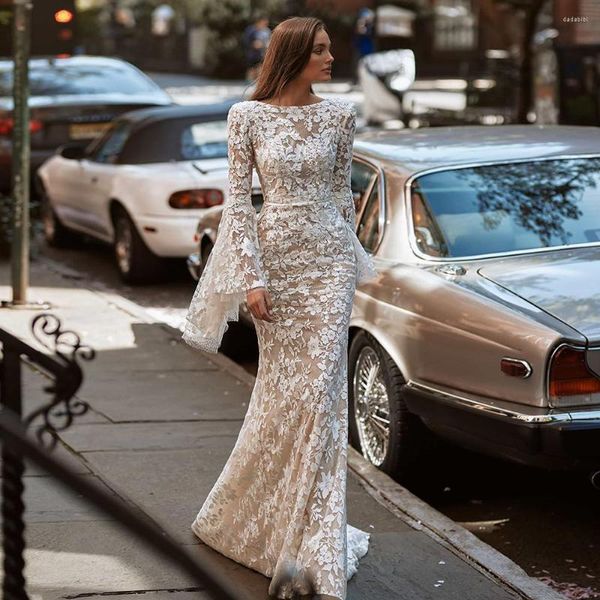 Hochzeitskleid Wunderschöne ausgestellte Ärmel Meerjungfrauenkleider rückenfreie Spitze Brautkleid U-Boot-Ausschnitt Boho Braut Robe De Mariee