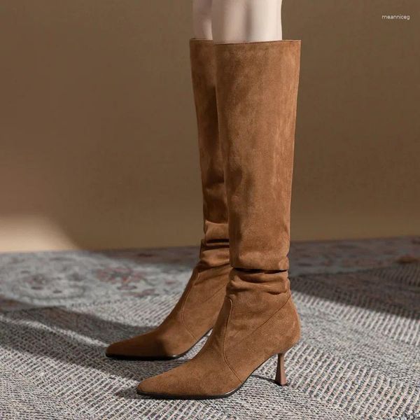 Сапоги 2023, женские замшевые однотонные туфли выше колена на высоком каблуке, модные женские туфли большого размера с острым носком на шпильке