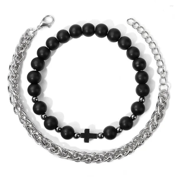 Strang Mode Lava Stein Perlen Armbänder Kreuz Form Hämatit Charme Silber Farbe Kette Link Für Männer Handgelenk Schmuck