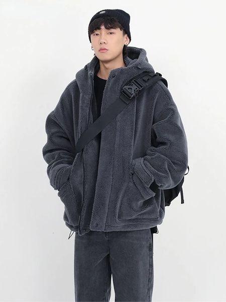 Jaquetas masculinas 2023 inverno grosso quente oversized cinza escuro sherpa jaqueta homens com capuz zip up fofo solto casual falso casaco de pele de cordeiro 231124