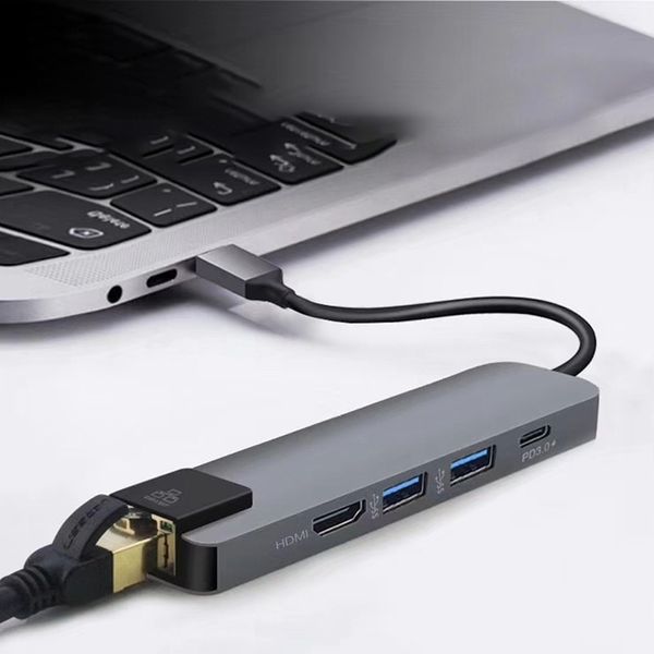 USB C zu HDMI+USB3.0+RJ45+PD Adapter 5 in 1 Multi Port Gigabit Lan UNTERSTÜTZUNG 4K Dock Hub Station aus Aluminiumlegierung
