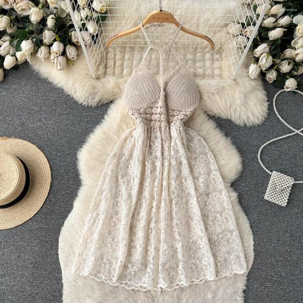 Casual Kleider Sommer Vestido Kleidung Sexy Romantische Elegante Französisch Halfter Haken Blume Hohl Weiß Vintage Frauen Party Weibliches Y2K Kleid