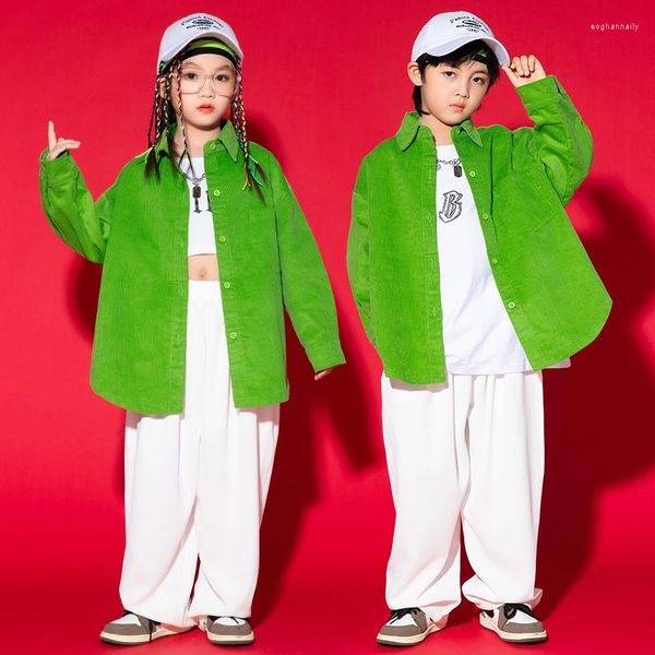Bühnenkleidung Kinder Teenager Outfits Hip Hop Kleidung Grünes Hemd Tops Streetwear Weiße Baggy Pants Für Mädchen Jungen Jazz Dance Kostüm Show Kleidung