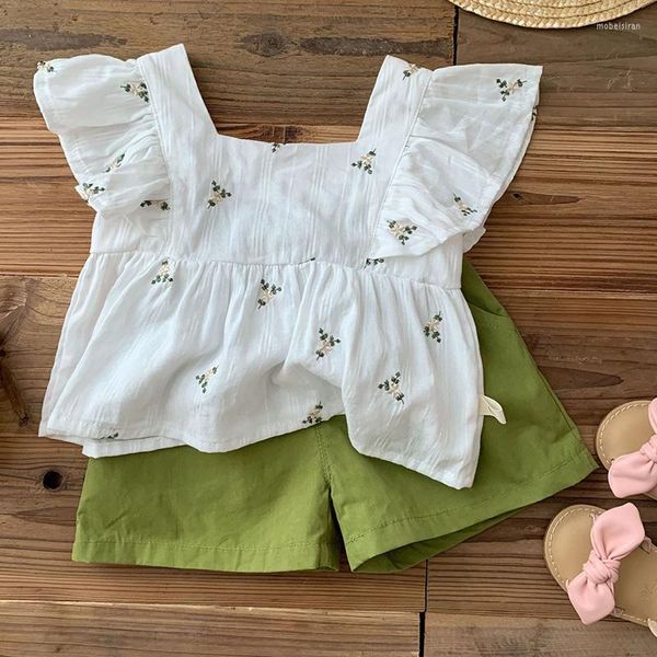 Kleidungssets Sommer 0-6 Jahre Baby Mädchen Set Ärmel Baumwolle besticktes Hemd einfarbige Shorts Kinderkleidung Anzug