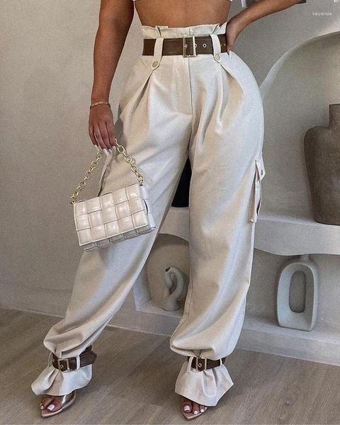 Frauen Hosen Sommer Frauen Retro Paperbag Taille Mit Gürtel Tasche Design Cargo Hosen Abgeschnitten Gürtel Lange Overalls 2023