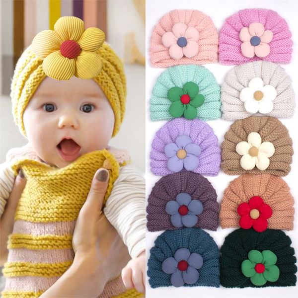 Inverno novo chapéu do bebê flor quente chapéu de malha crianças bonito chapéu do bebê meninas turbante chapéu de lã crianças acessórios para o cabelo