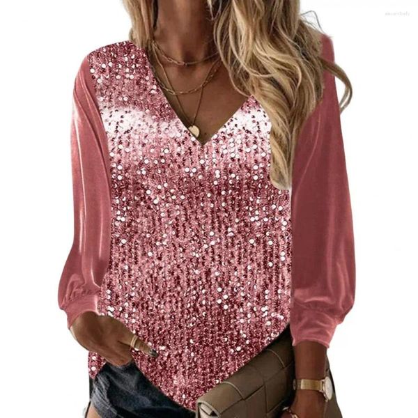 Blusas femininas moda elegante brilhando lantejoulas primavera topo de secagem rápida pulôver blusa clube camisa roupas diárias